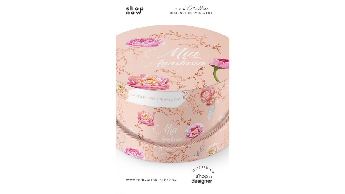 Cutie trusou botez cu bujori roz pastel si fundal somon 2